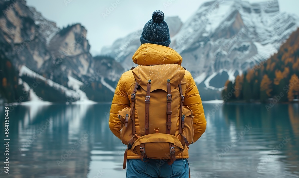 A happy hiker, a traveler with a backpack, enjoys the nature landscape while visiting alpine lake at Braies, Italy. A happy hiker, a traveler with a backpack, enjoys the nature landscape while visiting alpine lake at Braies, Italy.