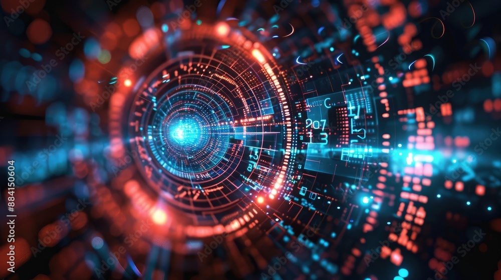 Fototapeta premium Futuristic digital technology background with abstract data, neon lights, and circuit patterns representing cybersecurity and innovation.