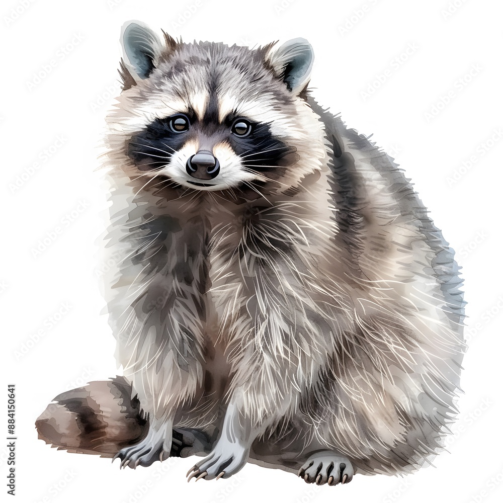 Obraz premium A cute raccoon sitting on a white background, looking directly at the camera.