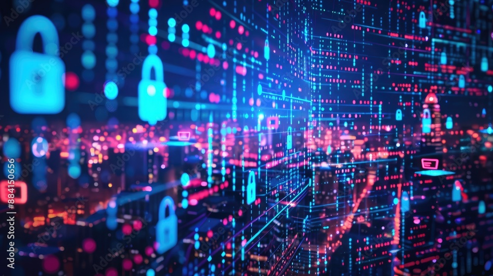 Fototapeta premium Futuristic digital data protection, cyber security concept with glowing locks and network connections, abstract virtual city.