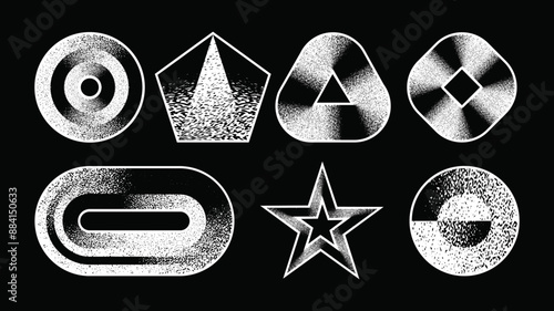 The stippling gradients and patterns within each shape create unique and trendy geometric form stickers against a dark green background.
