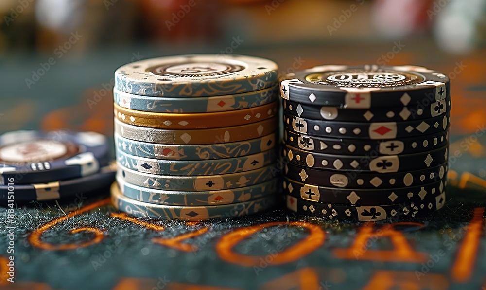 Two colorful and elegant poker chips lying close up on a green cloth, representing the poker lifestyle concept. Two colorful and elegant poker chips lying close up on a green cloth, representing the poker lifestyle concept.