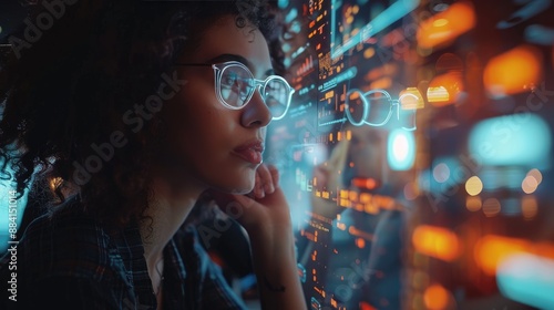 Wallpaper Mural Focused young woman with glasses analyzing futuristic digital data on a screen, reflecting neon lights. Concept of technology and innovation. Torontodigital.ca
