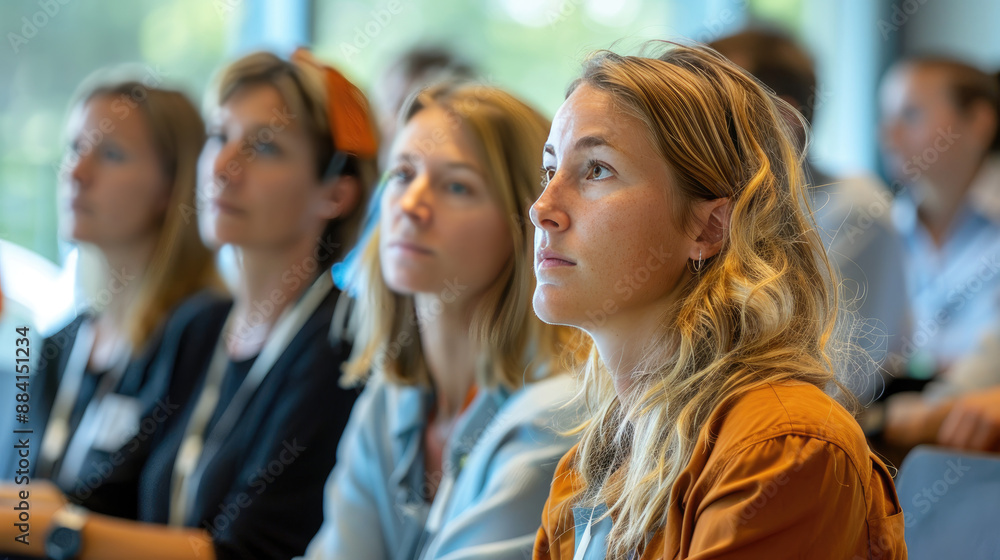 Focused audience at a seminar or conference session, attentively listening to the speaker. Ideal for education, business, and training themes. Focused audience at a seminar or conference session, attentively listening to the speaker. Ideal for education, business, and training themes.