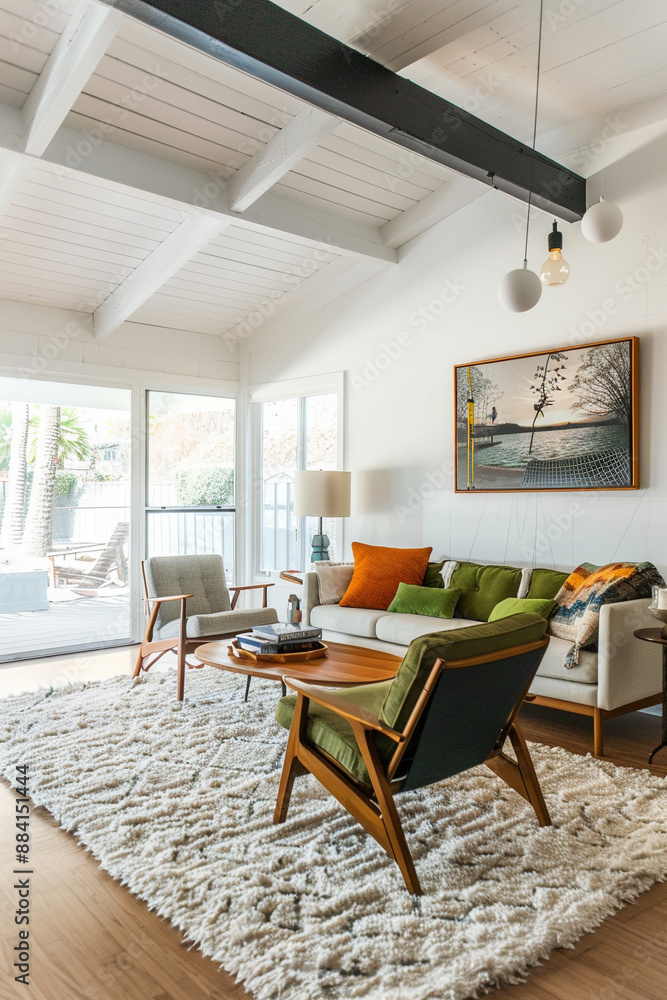 Fototapeta premium Mid-century modern interior, living space, livingroom