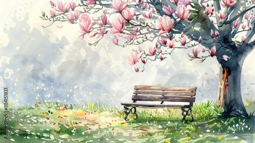 Watercolor Painting of a Bench Under a Blooming Magnolia Tree.