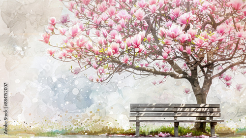 Watercolor painting of a magnolia tree and bench.