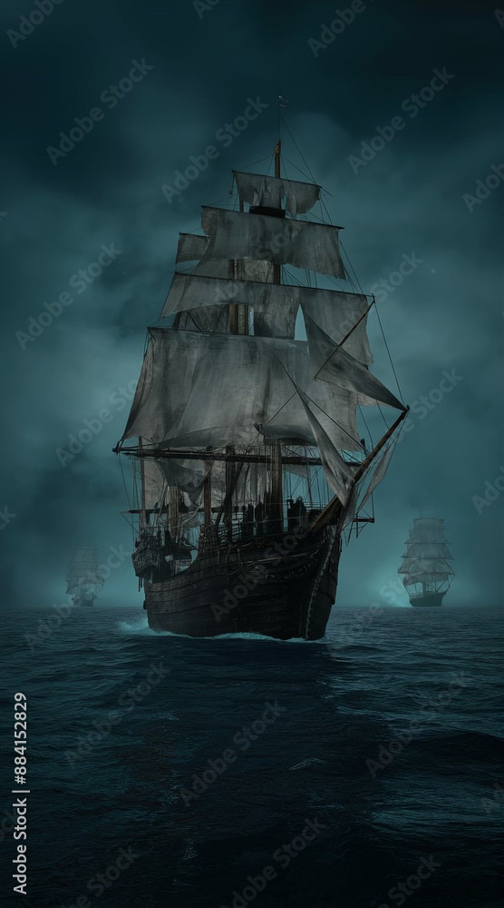Fototapeta premium a ship in the ocean with a dark sky behind it