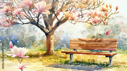 Watercolor Painting of a Bench Under a Blooming Magnolia Tree.