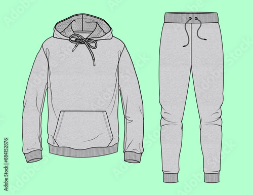 mens grey marl terry fleece hoodie and jogger fashion illustration flat sketch vector