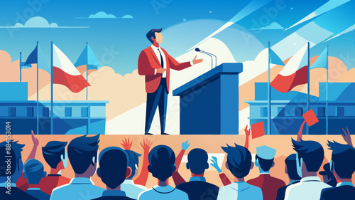 Man doing a speech outdoor in front of a crowd of members of a political party