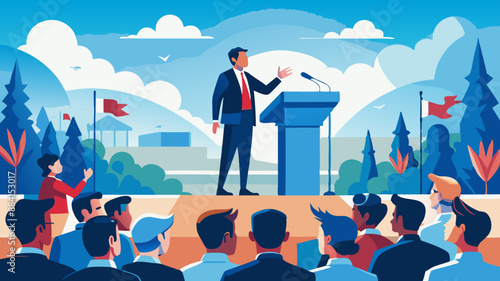 Man doing a speech outdoor in front of a crowd of members of a political party