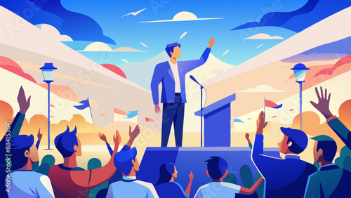 Man doing a speech outdoor in front of a crowd of members of a political party