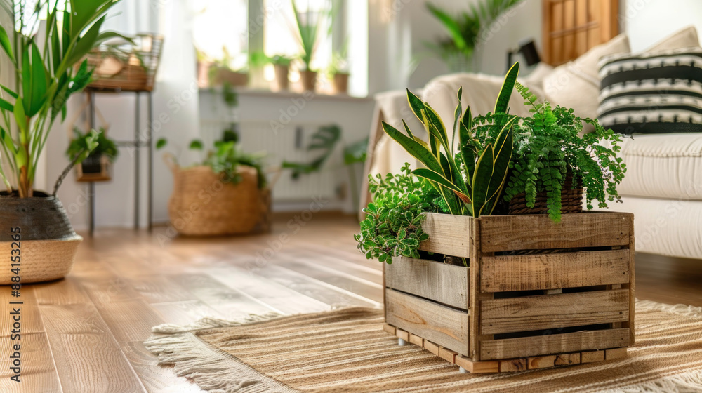 Green Plants in Wooden Crate on Rug in Living Room. Green Plants in Wooden Crate on Rug in Living Room.
