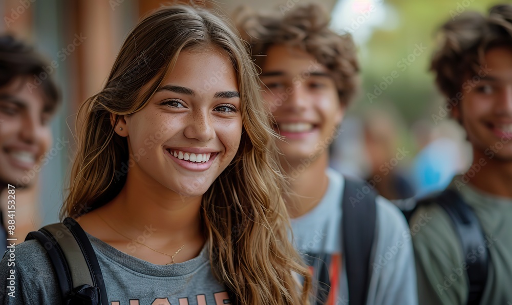 Fototapeta premium Happy teenagers gather on the college campus, laughing and chatting excitedly, enjoying the summer sunshine and the bonds of friendship.