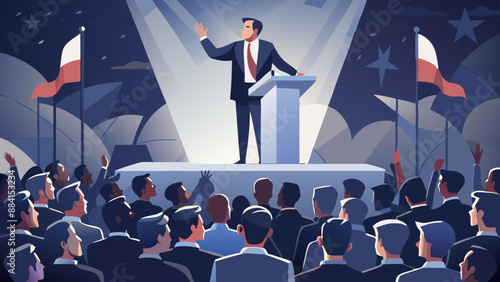 Man doing a speech outdoor in front of a crowd of members of a political party