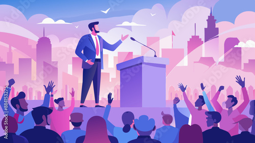 Man doing a speech outdoor in front of a crowd of members of a political party