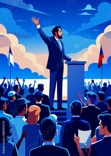 Man doing a speech outdoor in front of a crowd of members of a political party