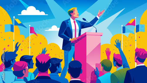 Man doing a speech outdoor in front of a crowd of members of a political party