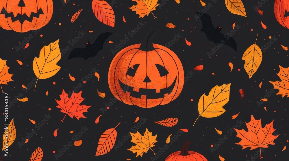 Autumn seamless pattern with pumpkins, bats, and fall leaves on dark background Autumn seamless pattern with pumpkins, bats, and fall leaves on dark background