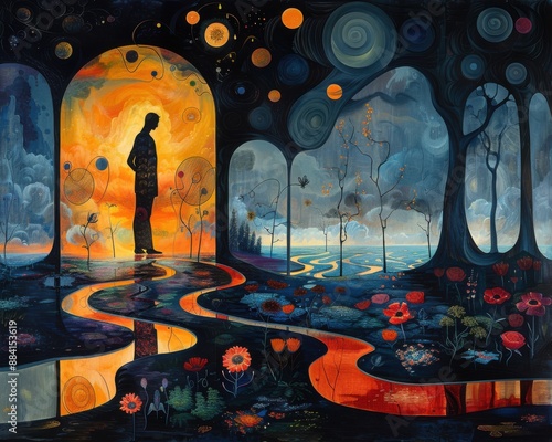 Create a surrealistic painting of a person looking into a mirror that reflects their lover standing beside them, surrounded by dreamlike elements. photo