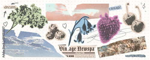 Vintage photo collage. Kit ellements for scrapbooking. Sky cutouts, newspaper, fruit and flower stickers with grunge texture. Retro old design.
