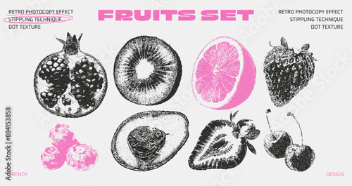 A set of fruits with photocopy effects. Made in the stippling technique with dot texture. Trendy retro grunge collage.