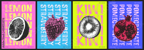 Trendy vibrant fruit posters. Grunge grain texture. Posters for fruit market, farm store, and more. 