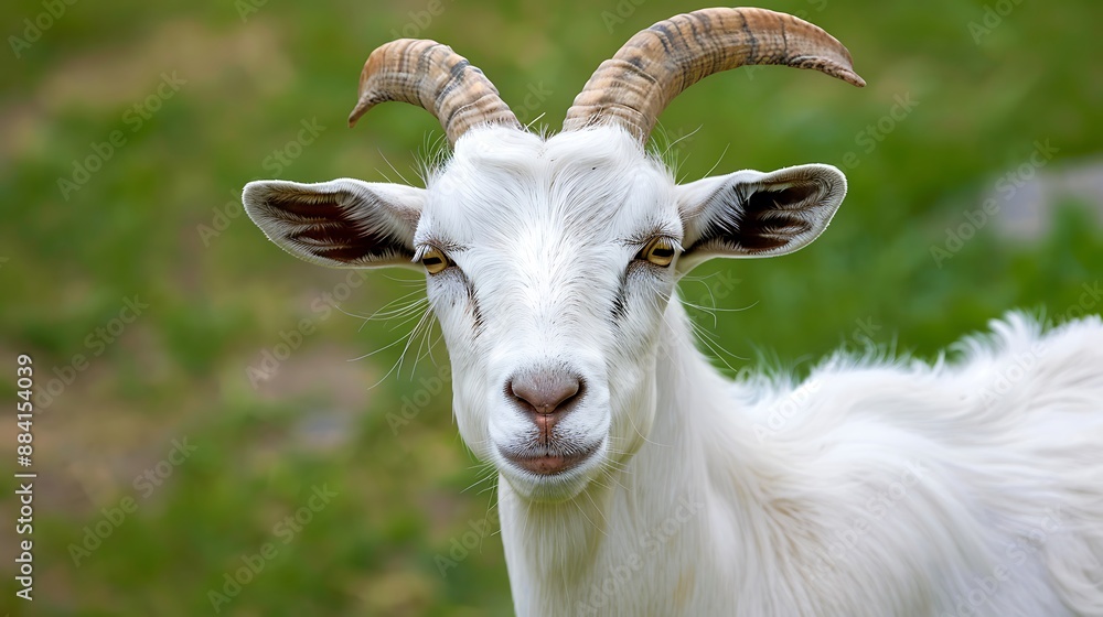 Close-Up Portrait of a White Goat with Horns Close-Up Portrait of a White Goat with Horns