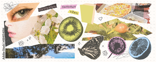 Vintage elements for collage and scrapbooking. Clippings of photos of nature, picnic, woman's face. Retro stickers with photocopy effect. 
