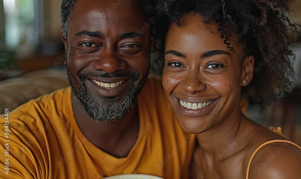 Joyful and cheerful partners sit on a sofa, embraced and watching a comedy while sharing a bucket of popcorn. Joyful and cheerful partners sit on a sofa, embraced and watching a comedy while sharing a bucket of popcorn.