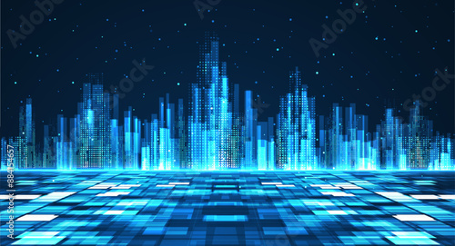 Cityscape on dark blue background with bright glowing neon. Technology city background