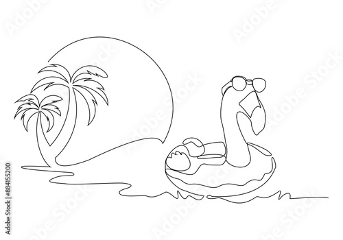 Continuous single one line drawing inflantable rubber flamingo toy summer beach palm coconut tree scene concept sketch drawing design vector graphic illustration.