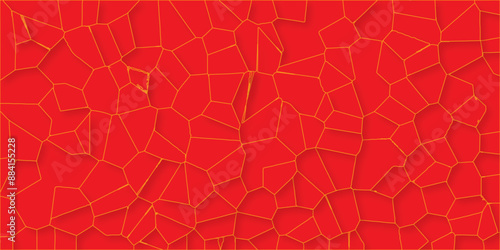 3D broken glass quartz Voronoi diagram vector background. red color Broken Stained-Glass Background with orange lines. Papercut geometric mosaic tiles pattern background. Seamless vintage vector bg.