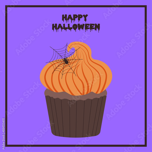 Halloween greeting card. Chocolate cupcake with pumpkin orange cream and spider on the web. Happy Halloween text in frame on purple background. Vector cartoon illustration. Trick or treat. 