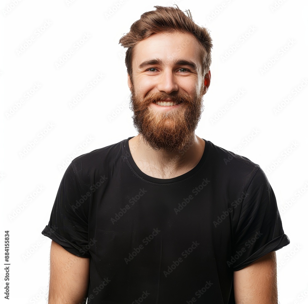 In black t-shirt and bearded moustache, bearded man smiles and looks at camera In black t-shirt and bearded moustache, bearded man smiles and looks at camera