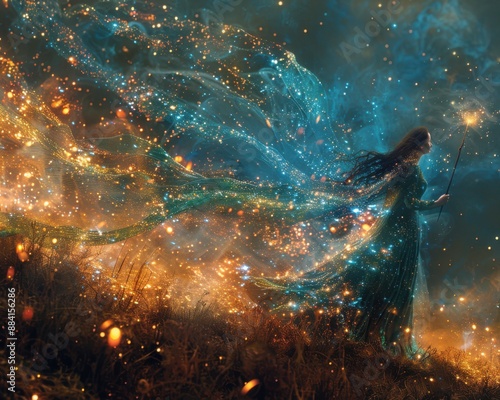 Create a surrealistic painting of a fairy godmother casting a spell with her wand, with magical sparkles and light surrounding her.