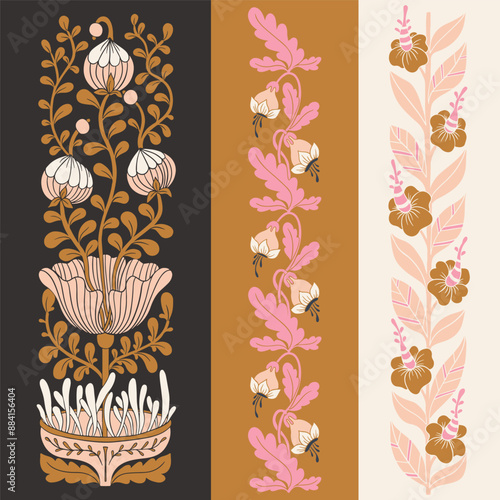 Vector set of borders, colorful symmetry flowers composition isolated on background. Folk art style illustration