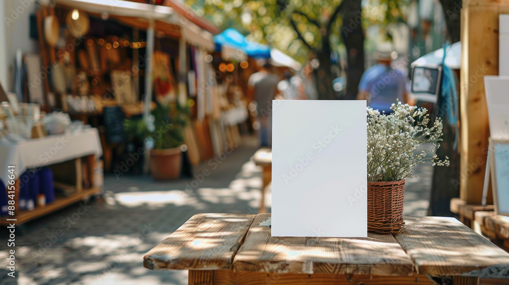 Blank Sign on Wooden Table at Outdoor Market. Blank Sign on Wooden Table at Outdoor Market.