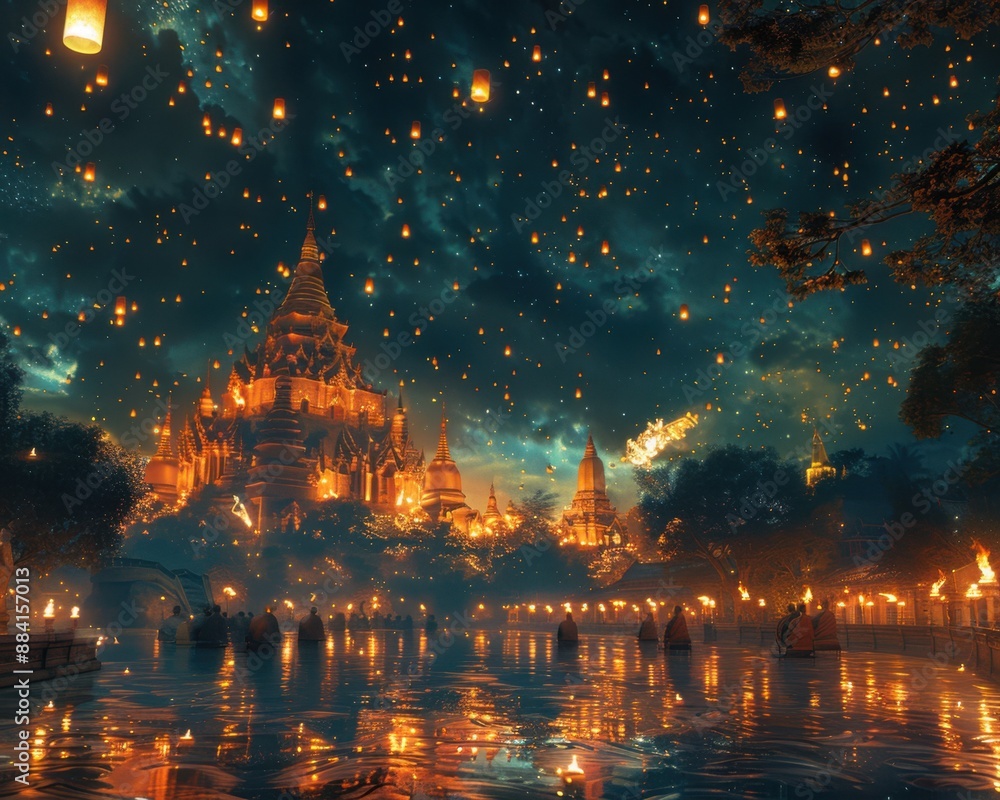 Obraz premium Create a surrealistic painting of an ancient temple with monks praying and floating lanterns filling the night sky.