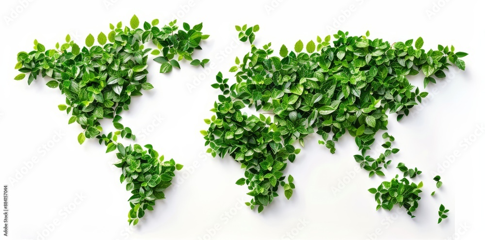 Obraz premium Ecological concept with globe map pattern and leaves on a white background.
