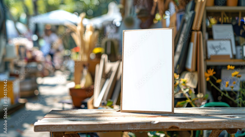 Blank Sign on Wooden Table at Outdoor Market. Blank Sign on Wooden Table at Outdoor Market.