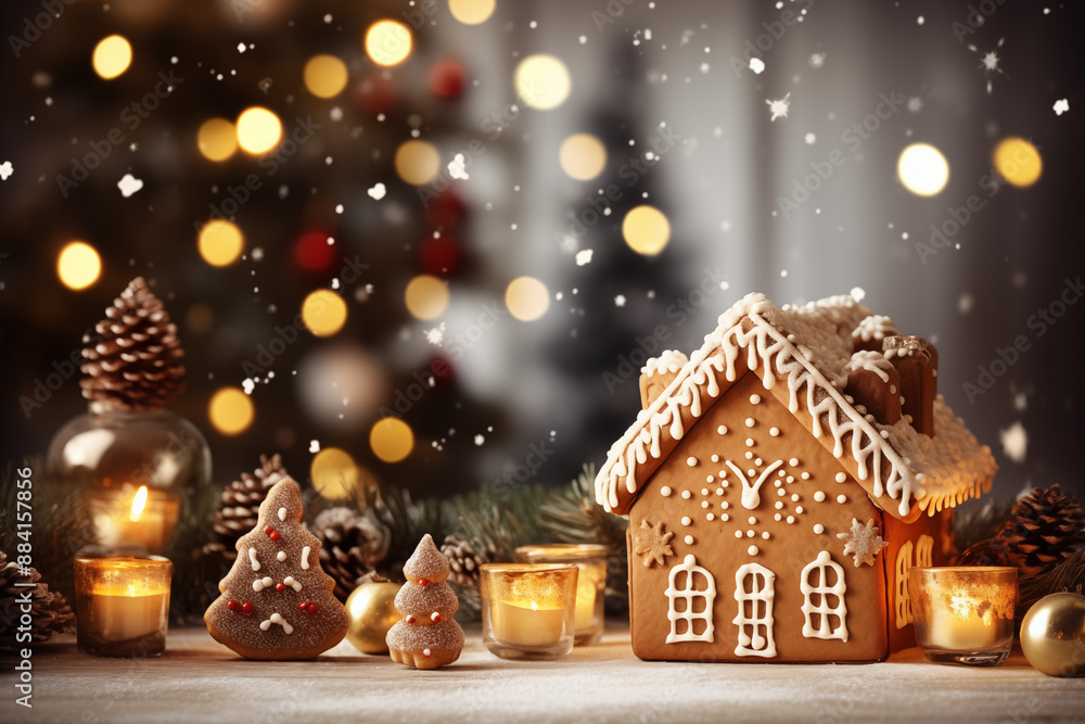 Festive Gingerbread House with Golden Decorations and Bokeh Lights. Generative AI Festive Gingerbread House with Golden Decorations and Bokeh Lights. Generative AI