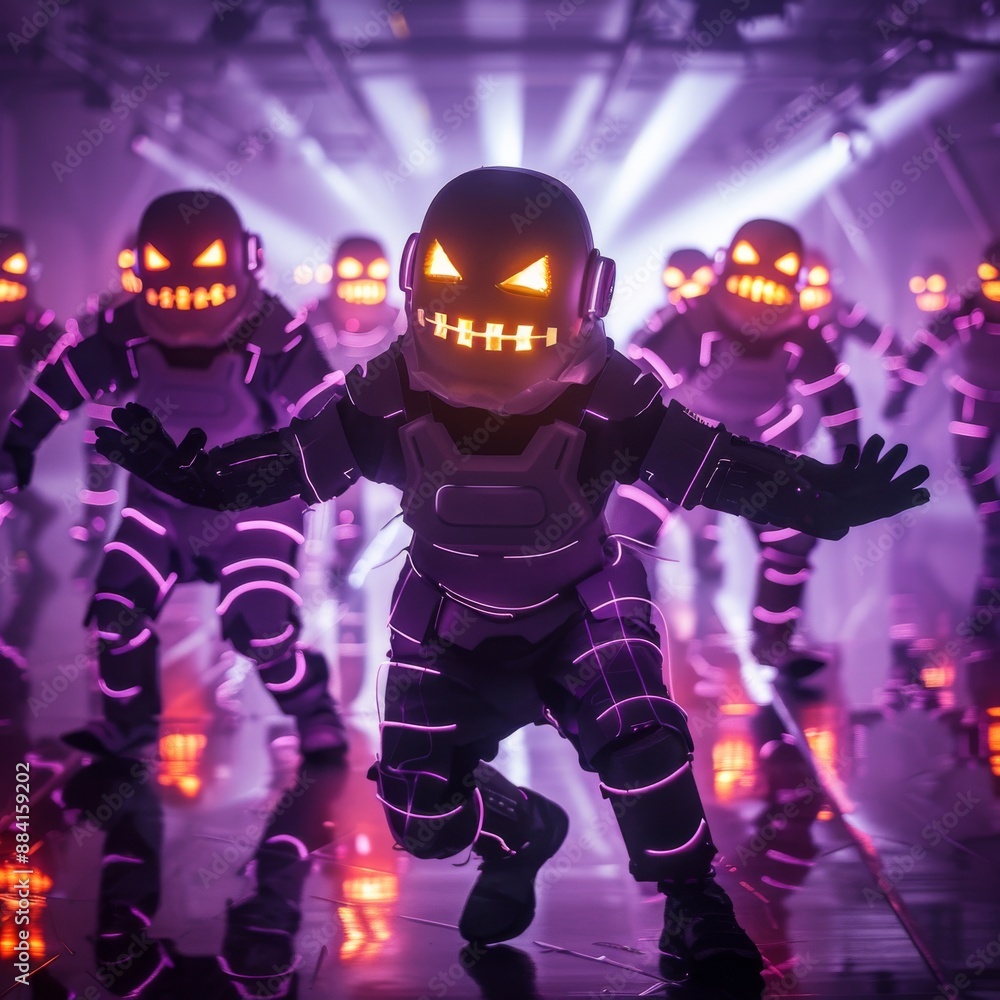 Glowing robotic figures with jack-o'-lantern faces dancing at a Halloween party, creating a futuristic and energetic scene. Glowing robotic figures with jack-o'-lantern faces dancing at a Halloween party, creating a futuristic and energetic scene.