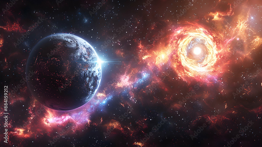 Fototapeta premium A solar planet with a stunning view of a nearby quasar, creating a colorful and mesmerizing sky 