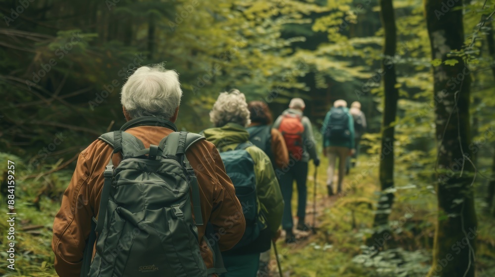 A group of elderly people walking in the forest A group of elderly people walking in the forest