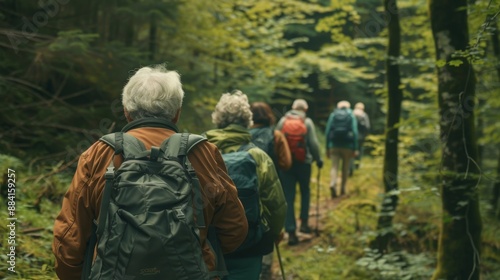 A group of elderly people walking in the forest
