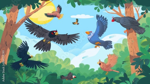 Colorful Birds in Flight Among Forest Trees Under Sunny Skies