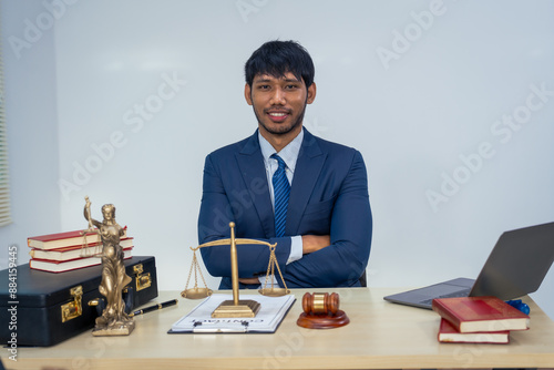 An Asian businessman in a formal suit works alone at a lawyer's desk, by golden scales, law books, leather bags, and a Lady Justice statue, emphasizing personal freedom and legal empowerment. photo