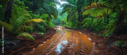 Fototapeta Naklejka Na Ścianę i Meble -  A muddy road in a jungle with a lot of trees